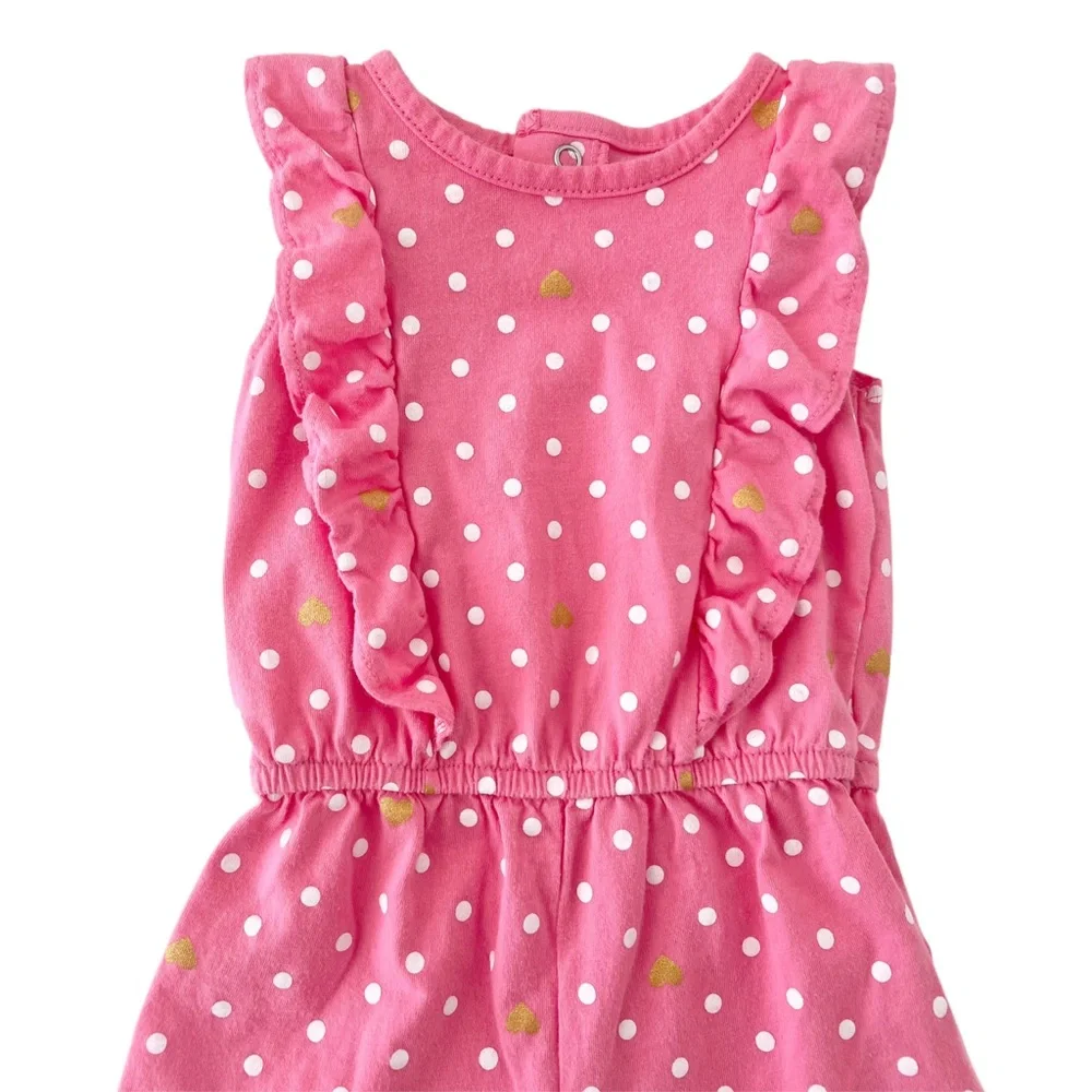 Carter's Pink & White Polka Dot Ruffle Romper w/Gold Hearts, Baby Girl 9 Months